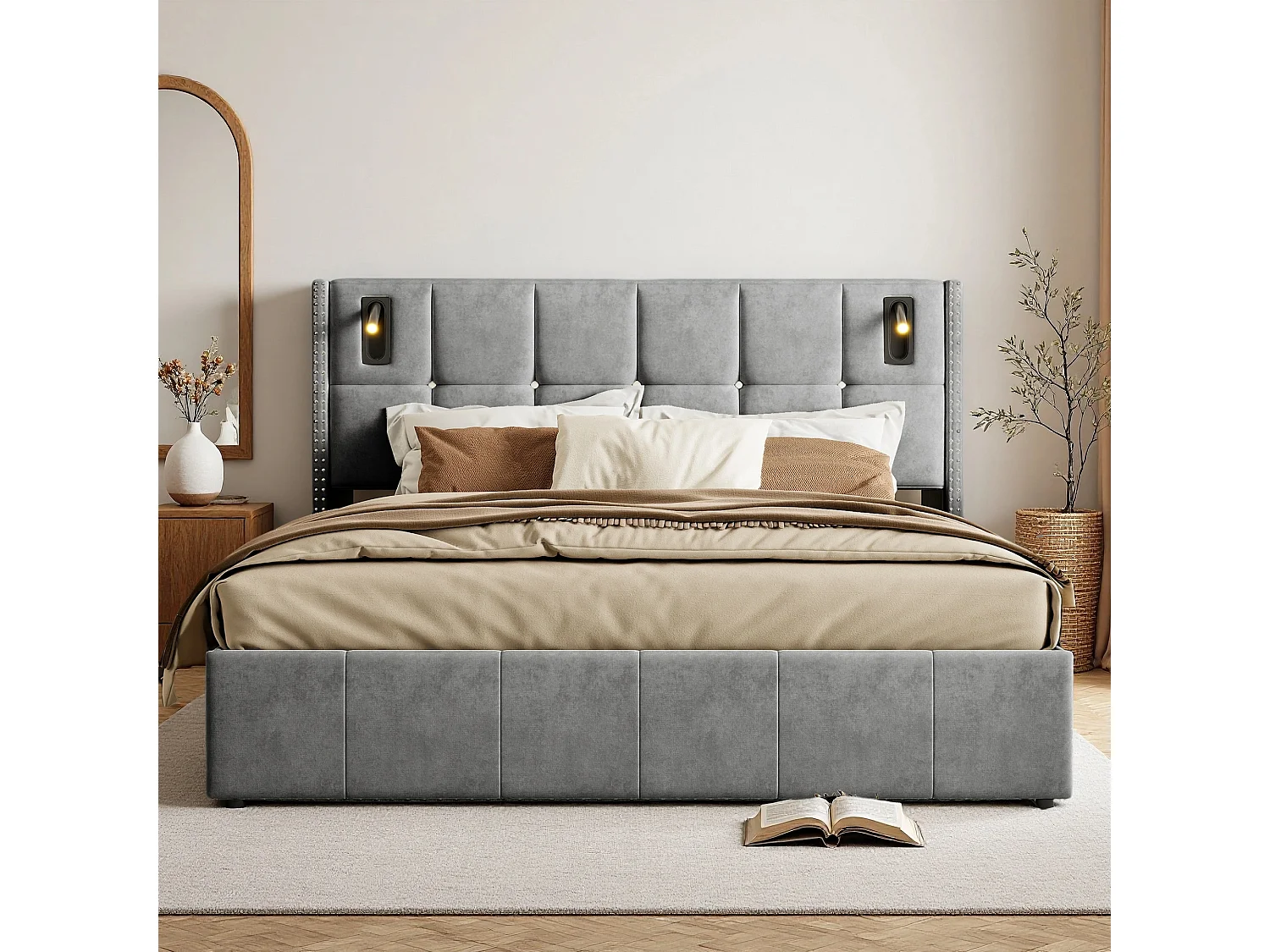 Lit Coffre 160x200 cm en tissu velours avec sommier - lit adulte rembourré - tête de lit USB et Type-c - LED - gris