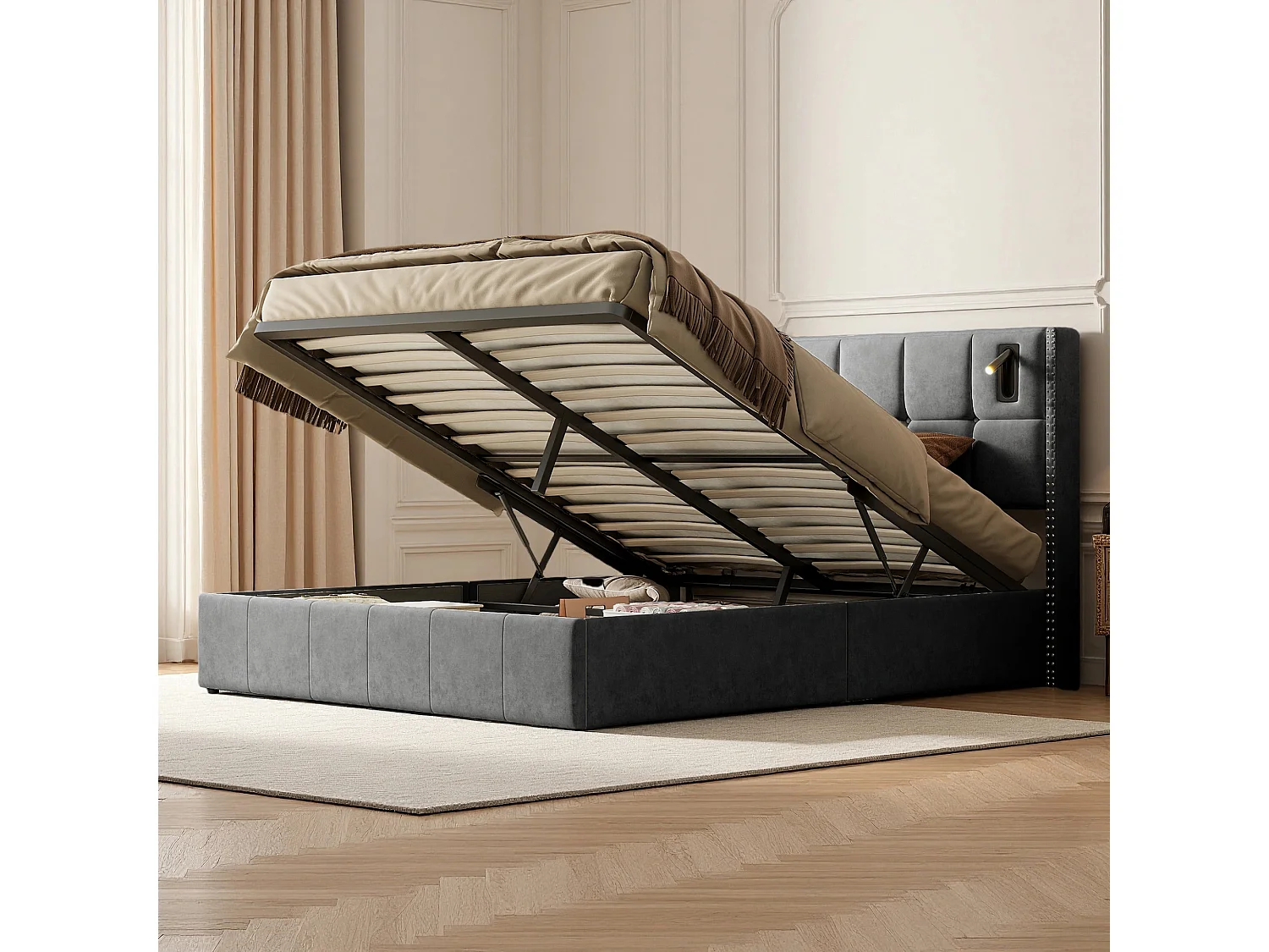 Lit Coffre 160x200 cm en tissu velours avec sommier - lit adulte rembourré - tête de lit USB et Type-c - LED - gris