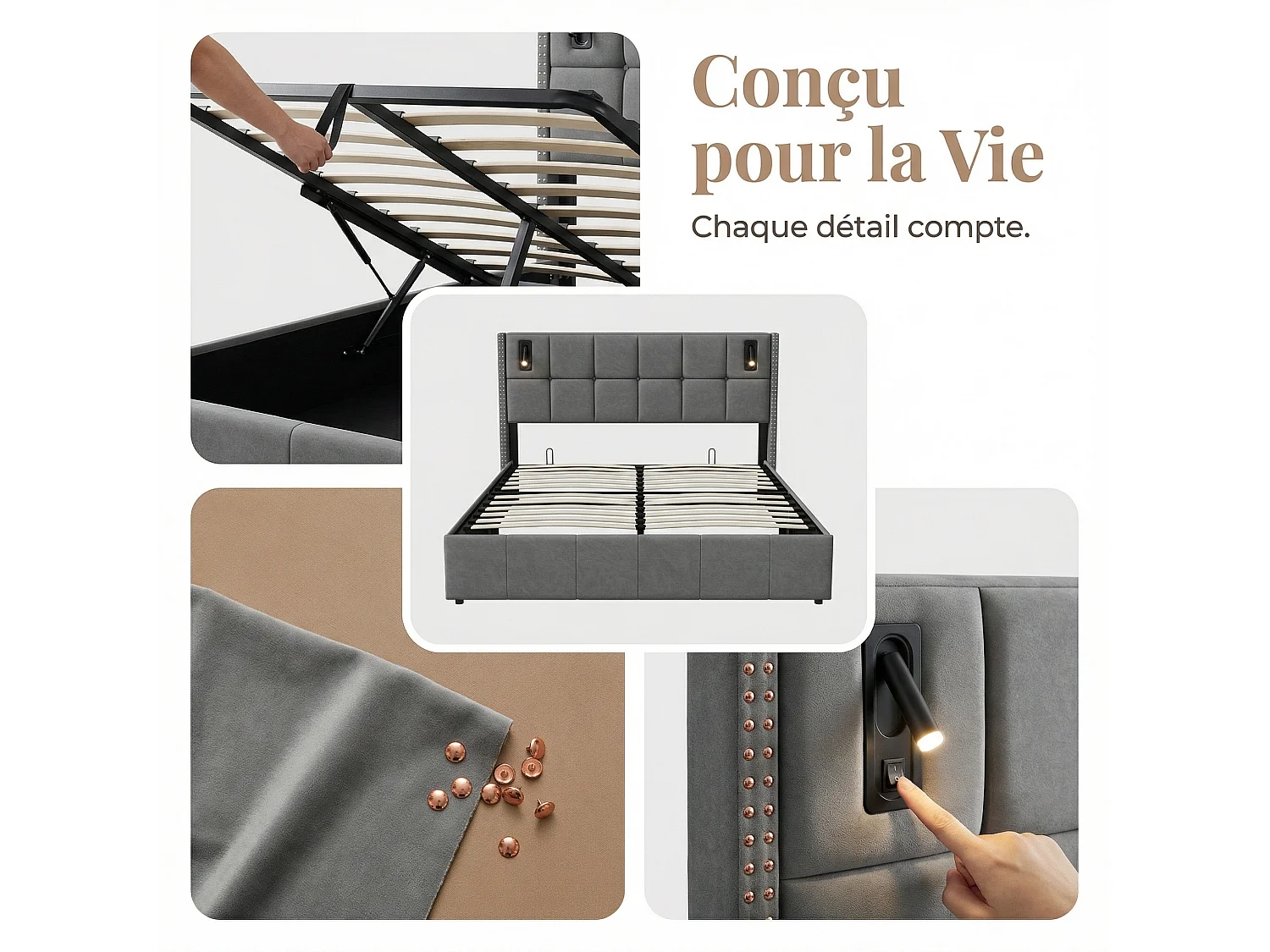 Lit coffre 160x200 cm avec sommier à lattes, tête de lit rembourrée, ports USB et Type-C, éclairage LED, velours gris