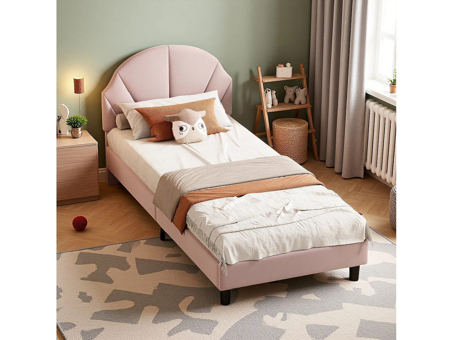 Lit 90x200 cm - NEXU - lit enfant 90x200 cm avec tissu en velours - cadre de lit fille 90x200 cm avec sommier à lattes - rose