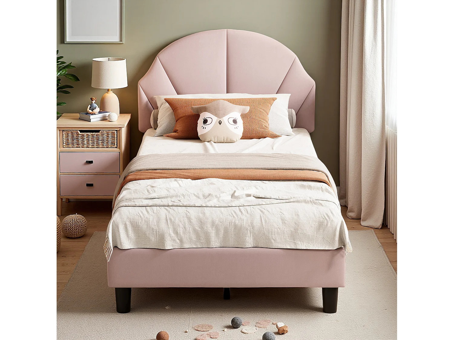 Lit 90x200 cm - NEXU - lit enfant 90x200 cm avec tissu en velours - cadre de lit fille 90x200 cm avec sommier à lattes - rose