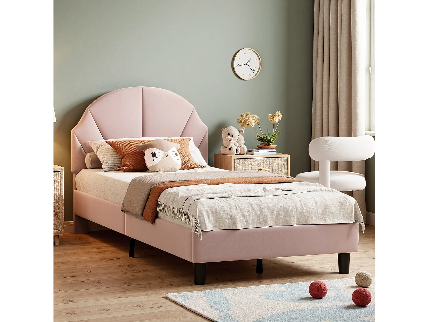 Lit 90x200 cm - NEXU - lit enfant 90x200 cm avec tissu en velours - cadre de lit fille 90x200 cm avec sommier à lattes - rose