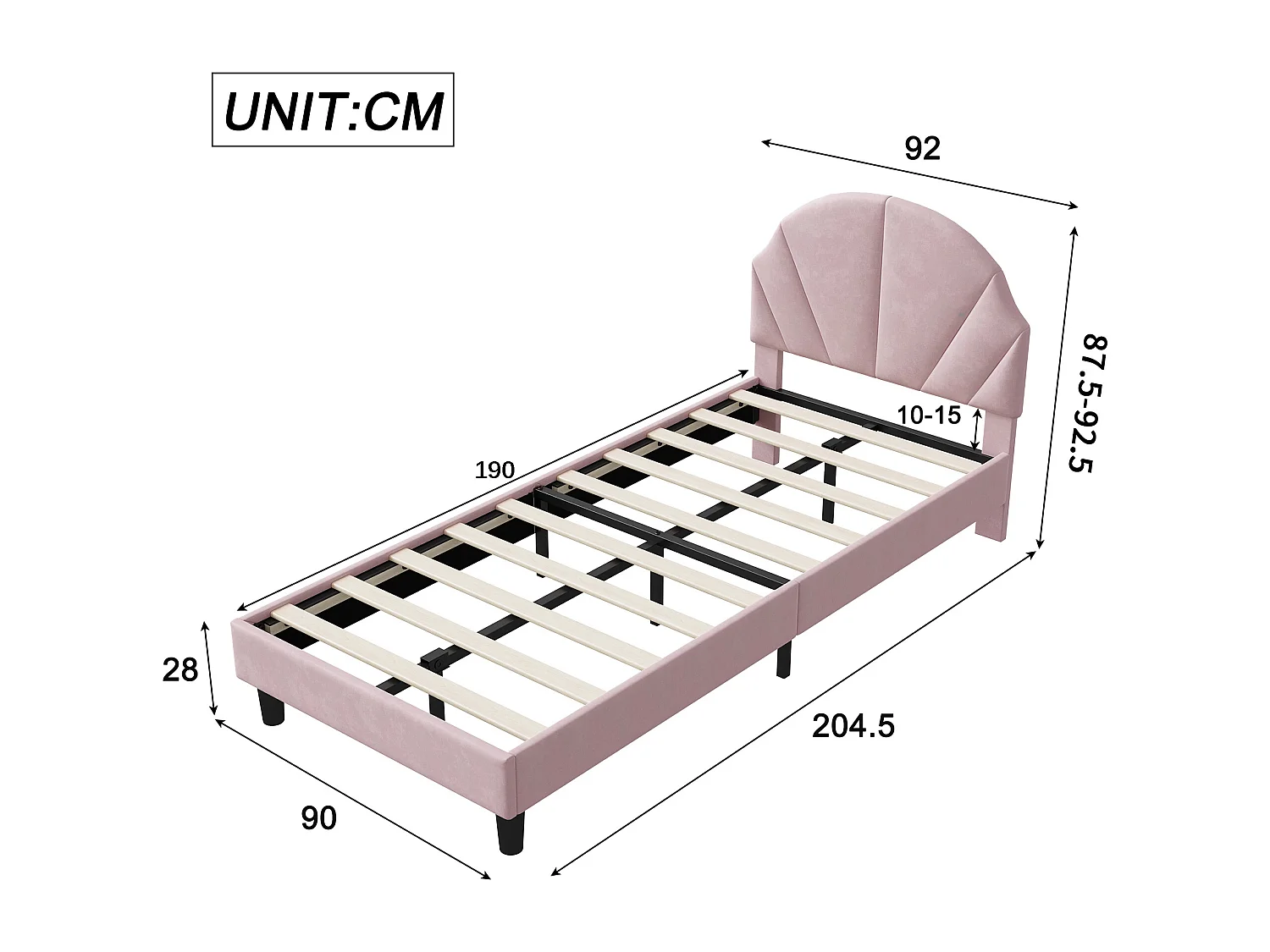 Lit 90x200 cm - NEXU - lit enfant 90x200 cm avec tissu en velours - cadre de lit fille 90x200 cm avec sommier à lattes - rose