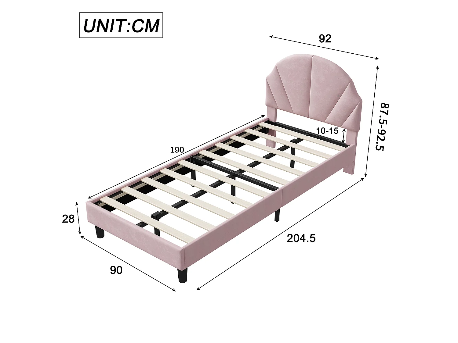 Lit enfant 90x200 cm capitonné en velours rose avec sommier à lattes, cadre de lit fille avec tête de lit design, sans matelas