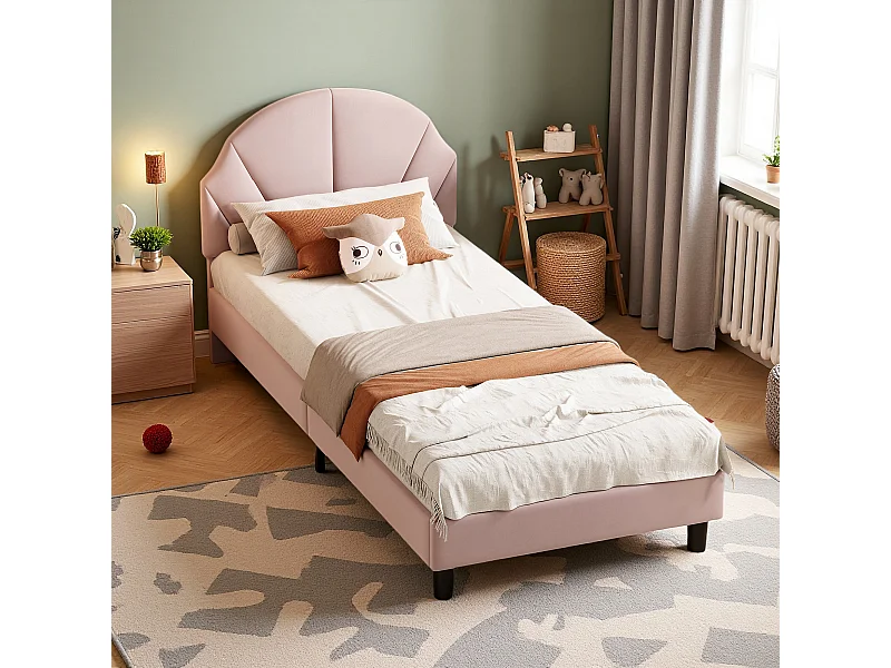 Lit 90x200 cm - NEXU - lit enfant 90x200 cm avec tissu en velours - cadre de lit fille 90x200 cm avec sommier à lattes - rose