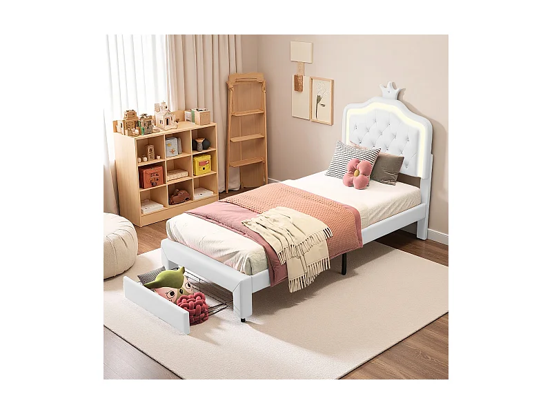 Lit 90x200 avec sommier à lattes cm - NEXU - lit  enfant 90x200 cm avec Led - tissu en PU - cadre de lit tiroir 90x200 cm - blanc