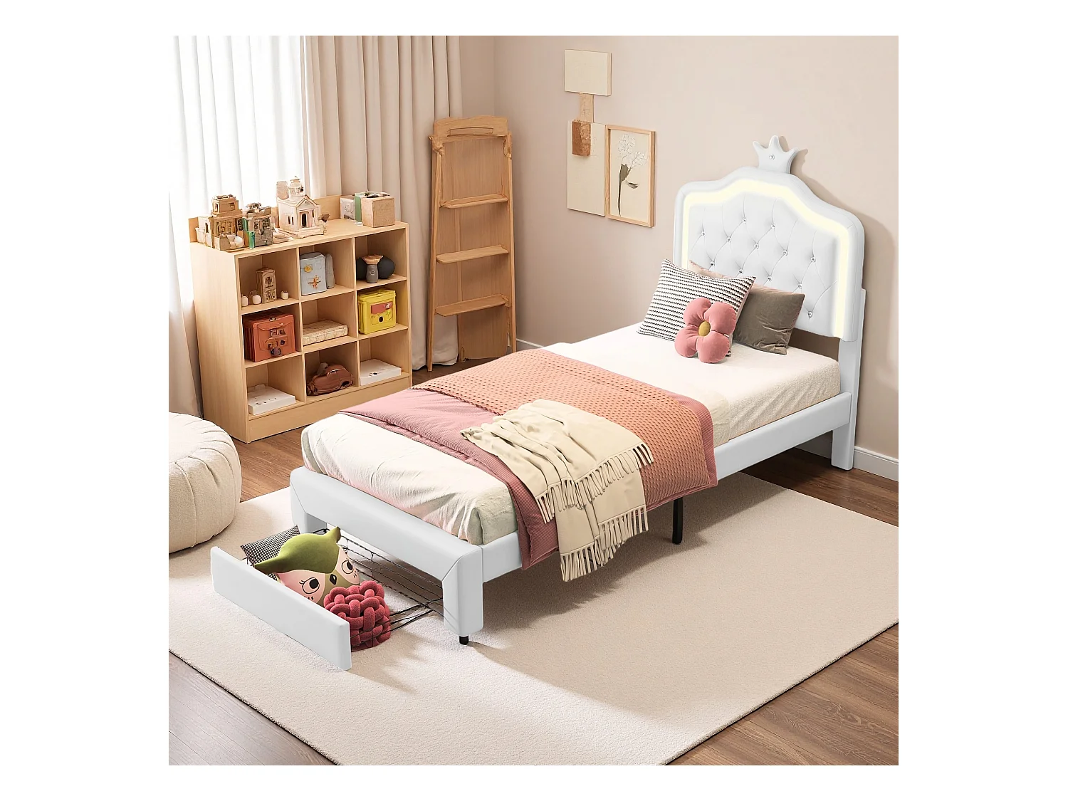 Lit 90x200 avec sommier à lattes cm - NEXU - lit  enfant 90x200 cm avec Led - tissu en PU - cadre de lit tiroir 90x200 cm - blanc