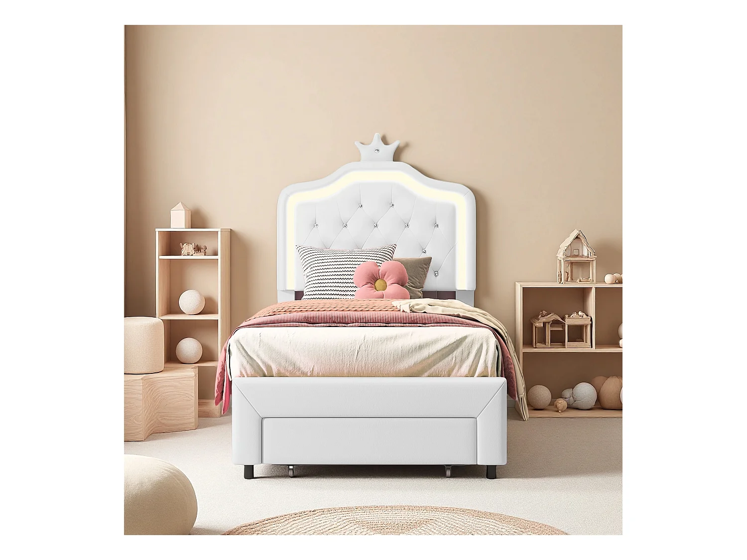 Lit 90x200 avec sommier à lattes cm - NEXU - lit  enfant 90x200 cm avec Led - tissu en PU - cadre de lit tiroir 90x200 cm - blanc