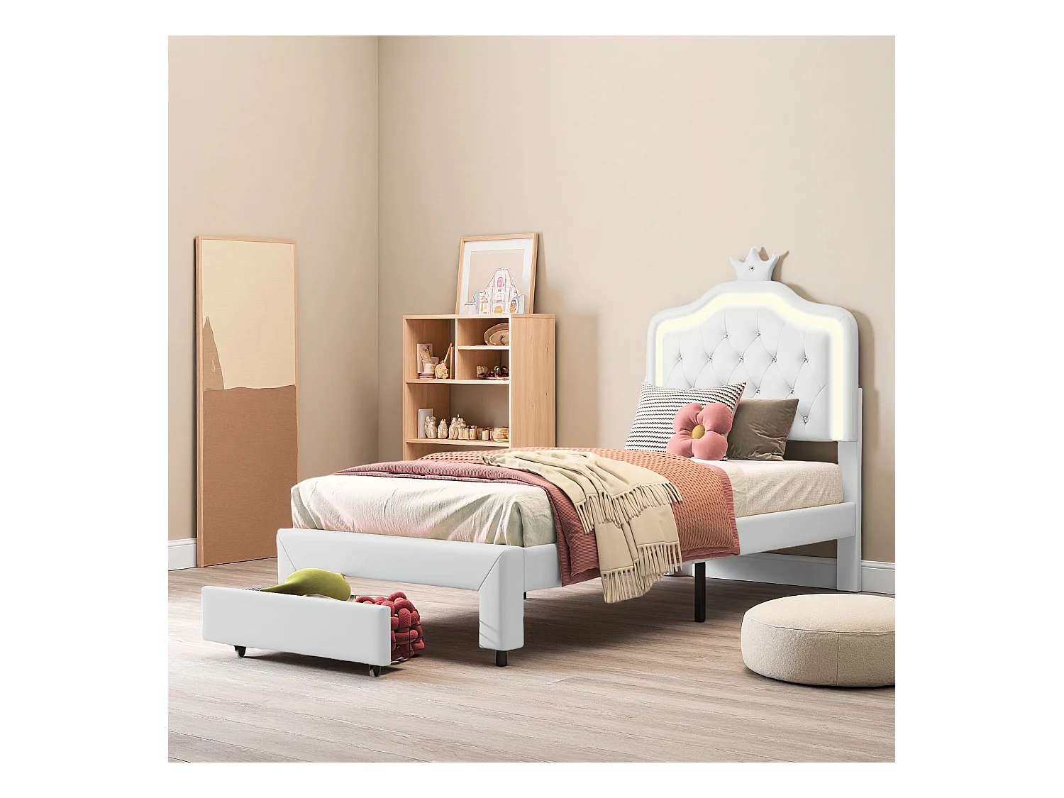 Lit 90x200 avec sommier à lattes cm - NEXU - lit  enfant 90x200 cm avec Led - tissu en PU - cadre de lit tiroir 90x200 cm - blanc