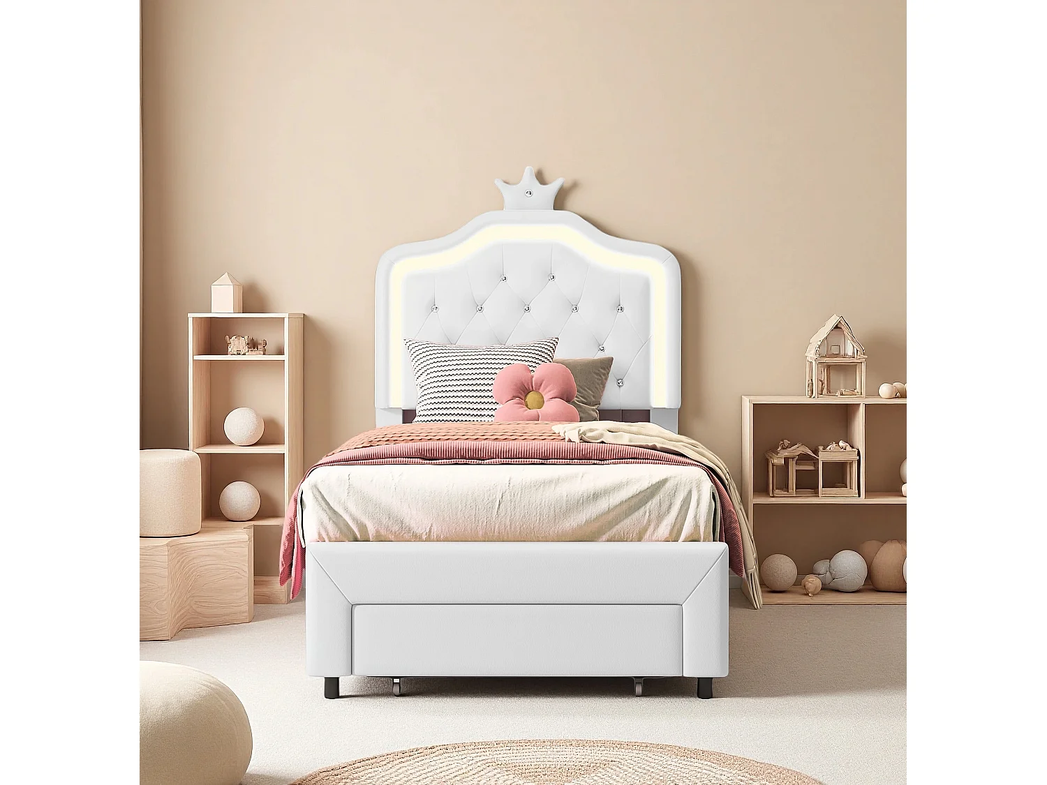 Lit enfant 90x200 cm avec tiroir, sommier à lattes et LED, cadre de lit en PU blanc