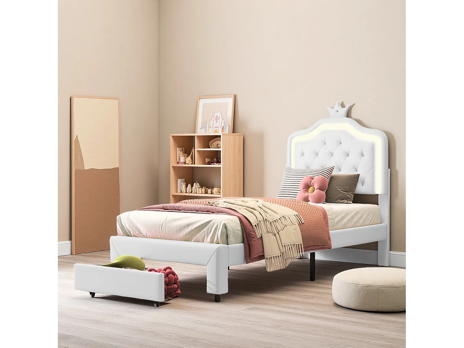 Lit enfant 90x200 cm avec tiroir, sommier à lattes et LED, cadre de lit en PU blanc
