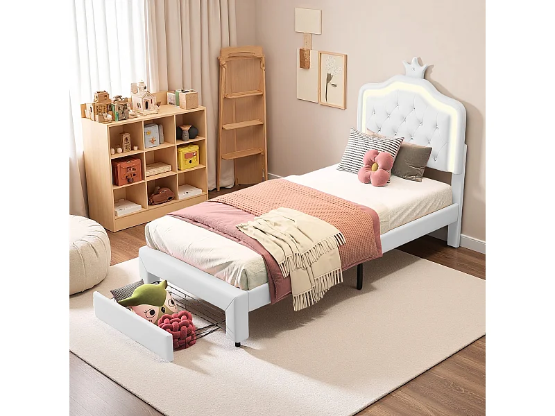 Lit 90x200 avec sommier à lattes cm - NEXU - lit  enfant 90x200 cm avec Led - tissu en PU - cadre de lit tiroir 90x200 cm - blanc