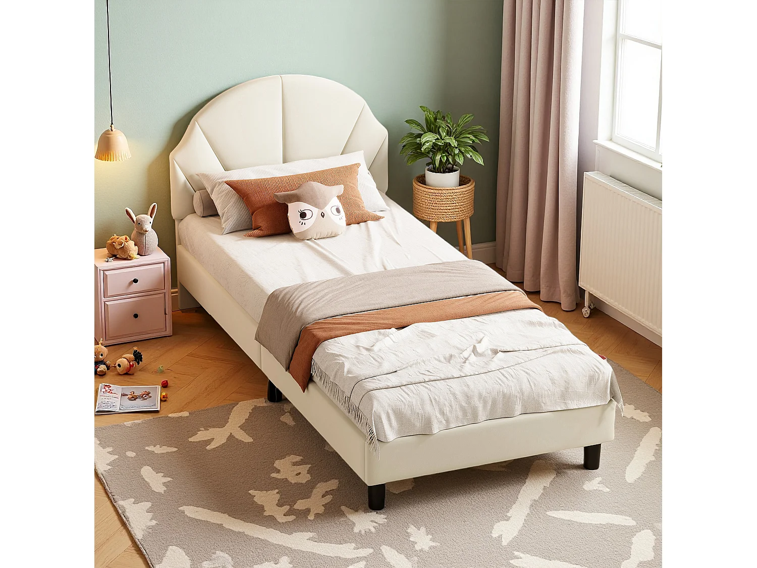 Lit 90x200 cm - NEXU - lit enfant 90x200 cm avec tissu en velours - cadre de lit fille 90x200 cm avec sommier à lattes - beige