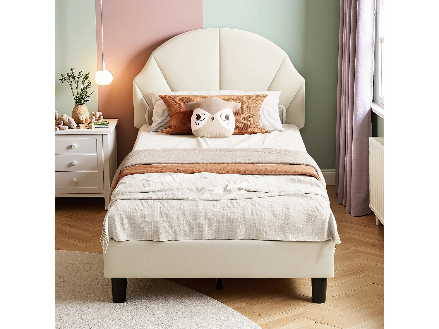 Lit 90x200 cm - NEXU - lit enfant 90x200 cm avec tissu en velours - cadre de lit fille 90x200 cm avec sommier à lattes - beige