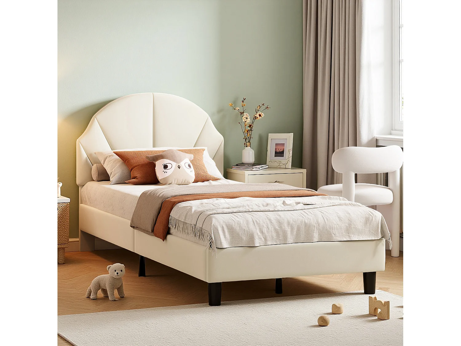 Lit 90x200 cm - NEXU - lit enfant 90x200 cm avec tissu en velours - cadre de lit fille 90x200 cm avec sommier à lattes - beige