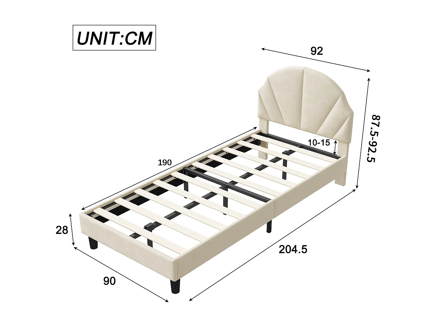 Lit 90x200 cm - NEXU - lit enfant 90x200 cm avec tissu en velours - cadre de lit fille 90x200 cm avec sommier à lattes - beige