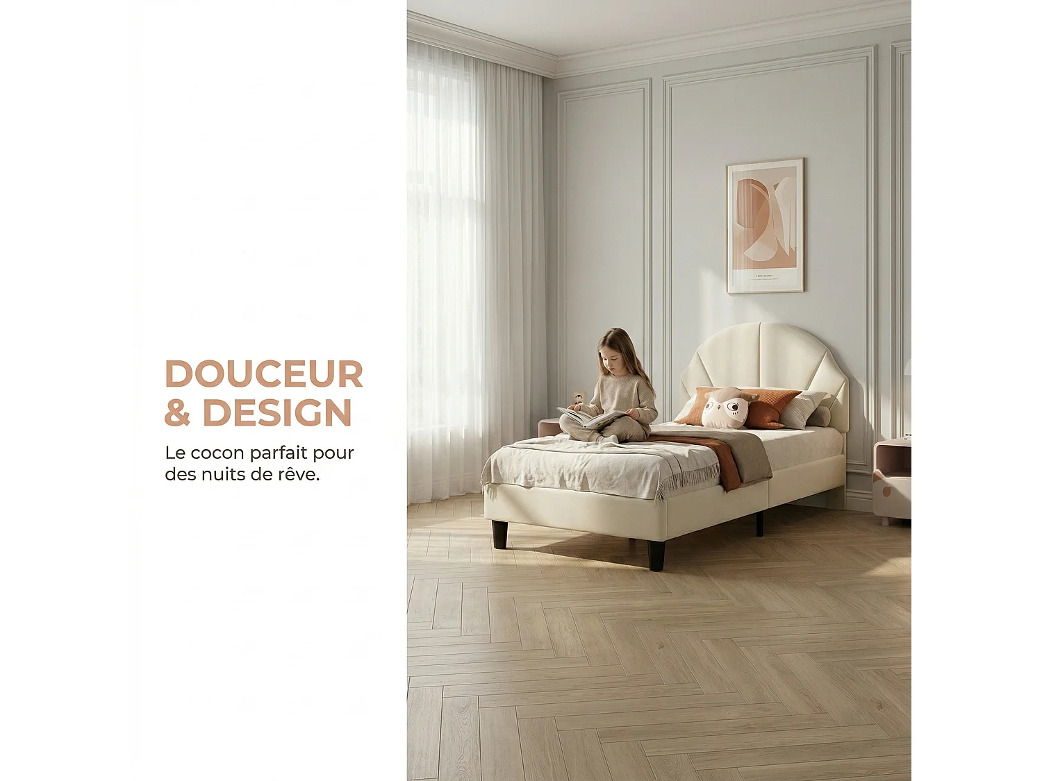 Lit enfant 90 x 200 cm - NEXU - Lit fille avec sommier à lattes - cadre de lit en tissu velours beige