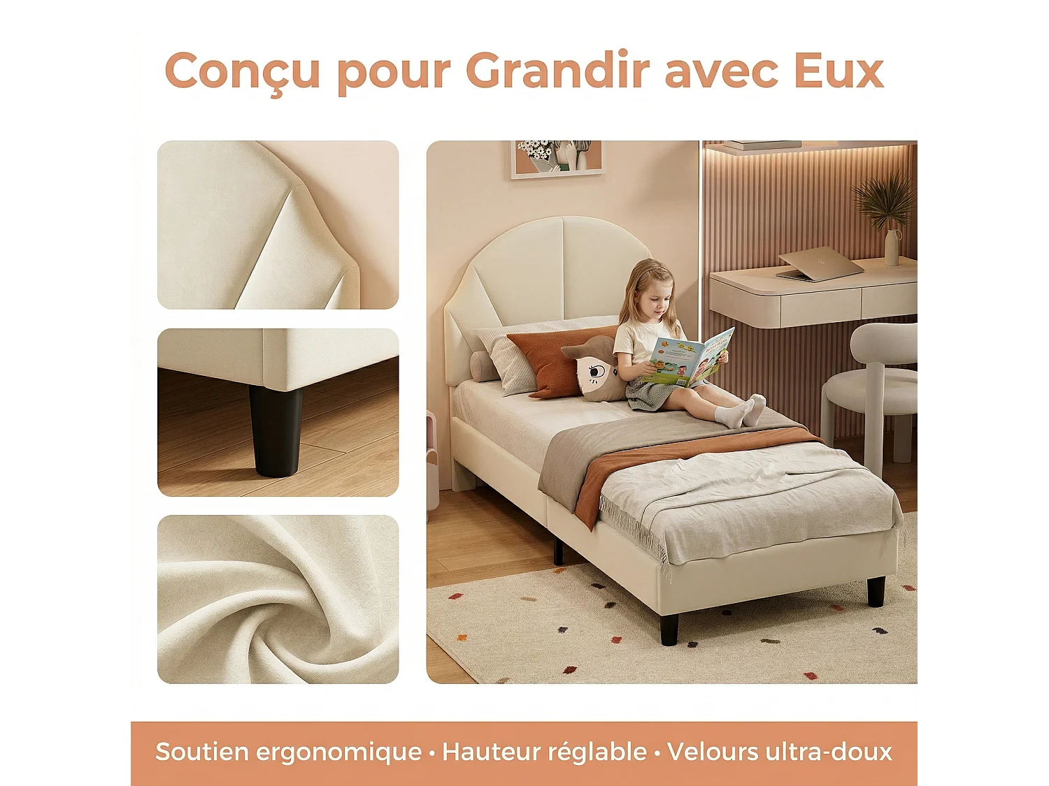 Lit enfant 90 x 200 cm - NEXU - Lit fille avec sommier à lattes - cadre de lit en tissu velours beige