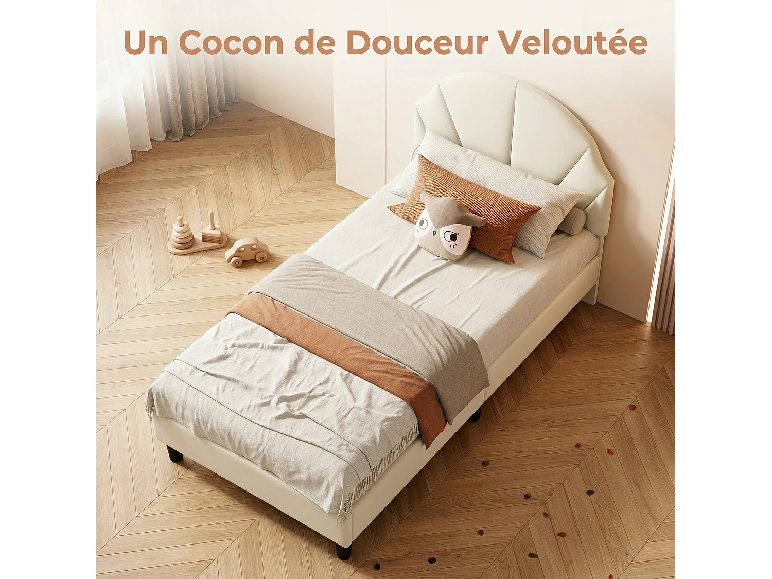 Lit enfant 90 x 200 cm - NEXU - Lit fille avec sommier à lattes - cadre de lit en tissu velours beige