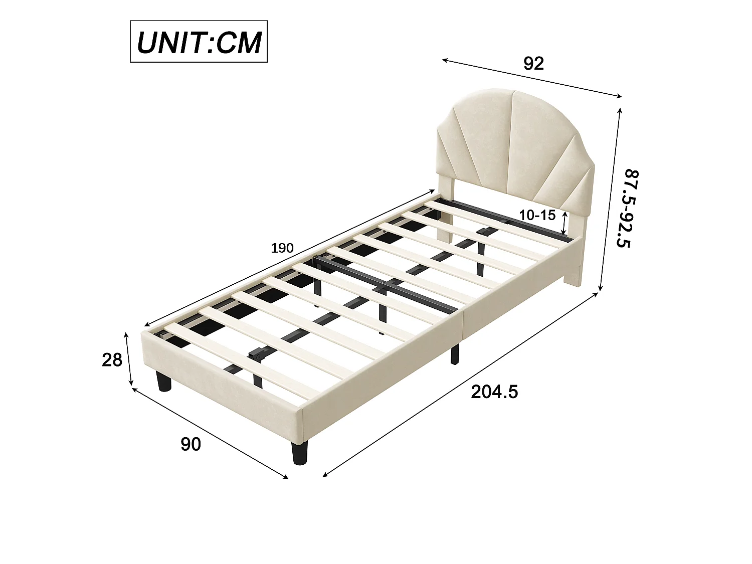 Lit enfant 90 x 200 cm - NEXU - Lit fille avec sommier à lattes - cadre de lit en tissu velours beige