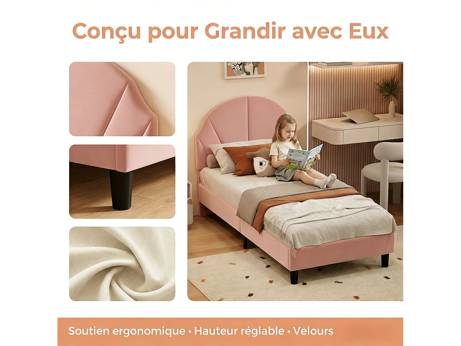 Lit enfant 90 x 200 cm - NEXU - Lit fille avec sommier à lattes - cadre de lit en tissu velours beige
