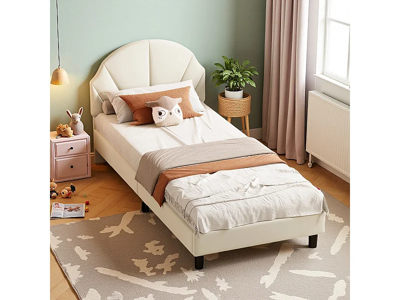 Lit 90x200 cm - NEXU - lit enfant 90x200 cm avec tissu en velours - cadre de lit fille 90x200 cm avec sommier à lattes - beige