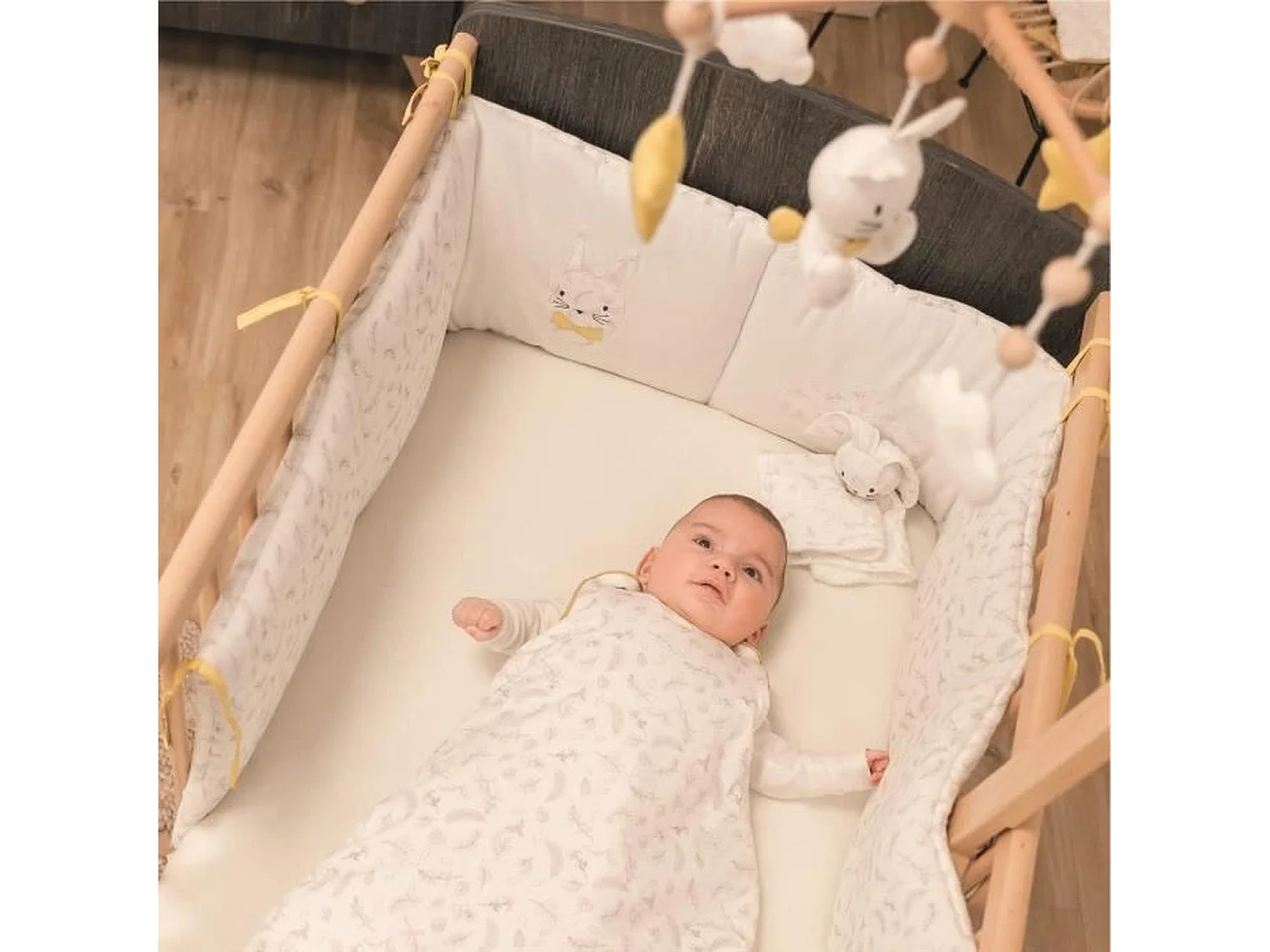 Drap housse jersey imprime 70 x 140 cm leafy bunny gris