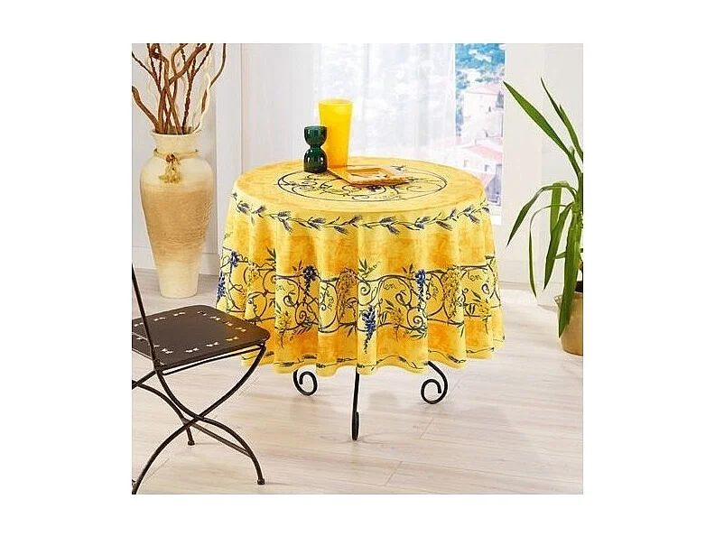 Mantel provenzal redondo antimanchas de poliéster glicina amarillo 180 x 180 cm