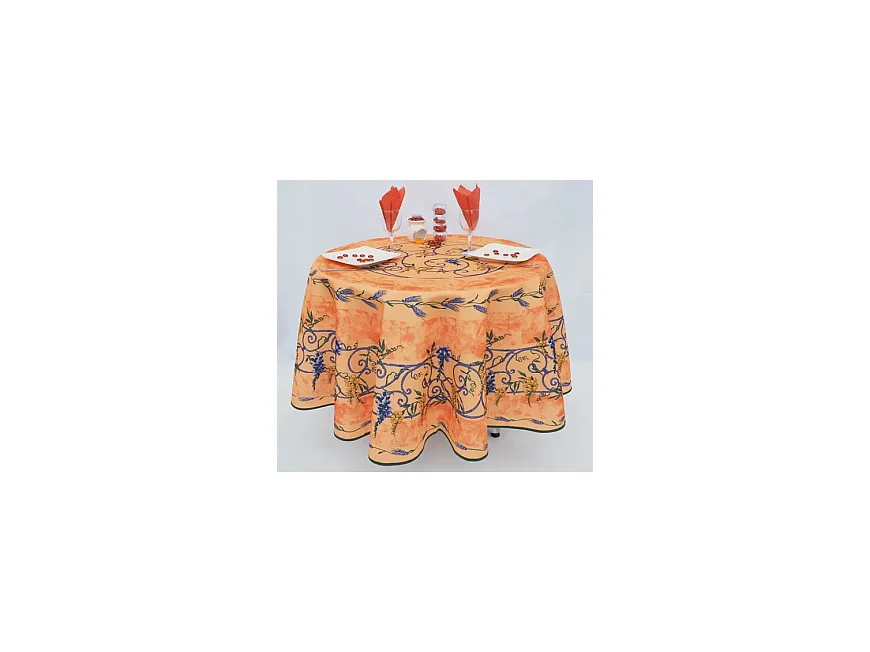 Provençaals rond vuilafstotend polyester tafelkleed blauweregen oranje 180 x 180 cm
