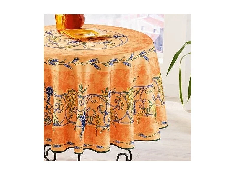 Provençaals rond vuilafstotend polyester tafelkleed blauweregen oranje 180 x 180 cm