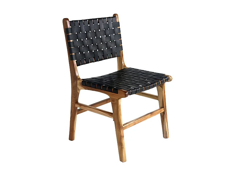 2 chaises de salle à manger en cuir synthétique noir avec pieds en teck