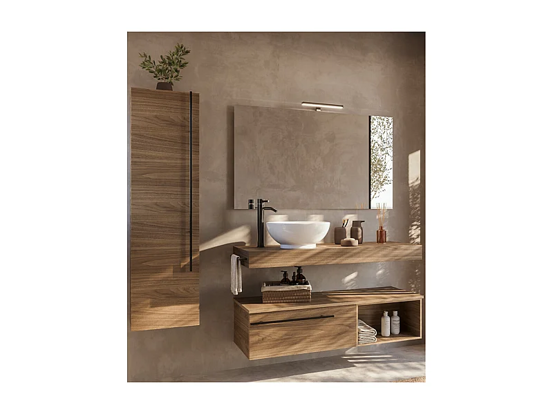 Mobile bagno Top con lavabo in appoggio vano cassettiera e colonna poro noce specchio lampada e p.asciugamano L 120 x P 46