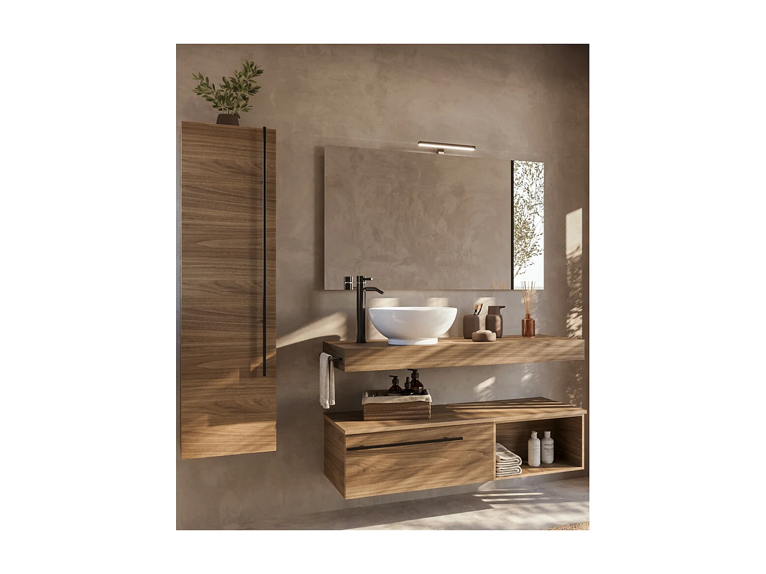 Mobile bagno Top con lavabo in appoggio vano cassettiera e colonna poro noce specchio lampada e p.asciugamano L 120 x P 46