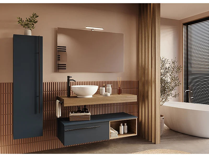 Mobile bagno Top con lavabo in appoggio vano poro noce cassettiera e colonna blu oceano specchio lampada e p.asciugamano L 120 x P 46