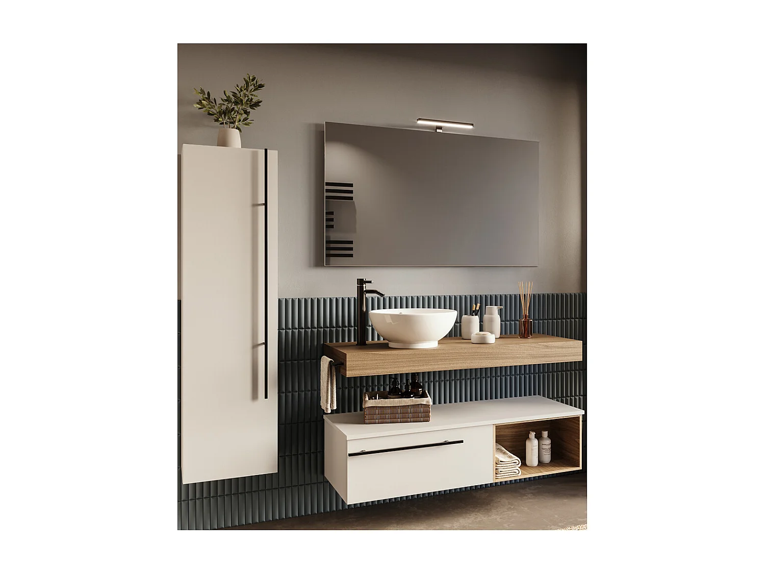 Mobile bagno Top con lavabo in appoggio vano poro noce cassettiera e colonna bianco luce, specchio lampada e p.asciugamano L 120 x P 46