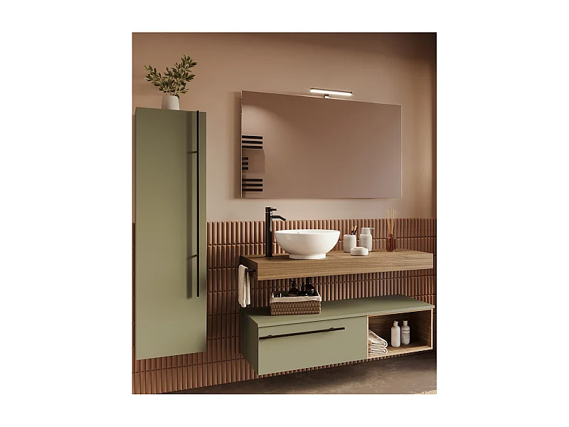 Mobile bagno Top con lavabo in appoggio vano poro noce cassettiera e colonna verde salvia specchio lampada e p.asciugamano L 120 x P 46