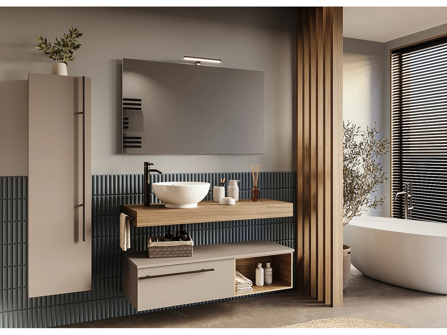 Mobile bagno Top con lavabo in appoggio vano poro noce cassettiera e colonna tortora milano specchio lampada e p.asciugamano L 120 x P 46