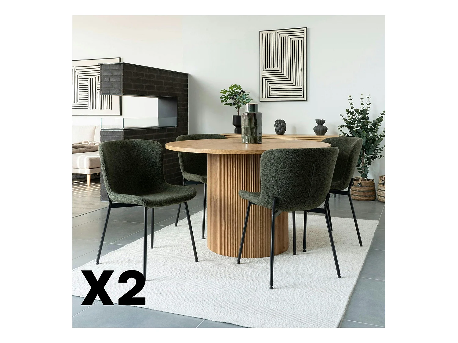 Chaise bouclette verte pieds noirs montants (lot de 2) SAVONE