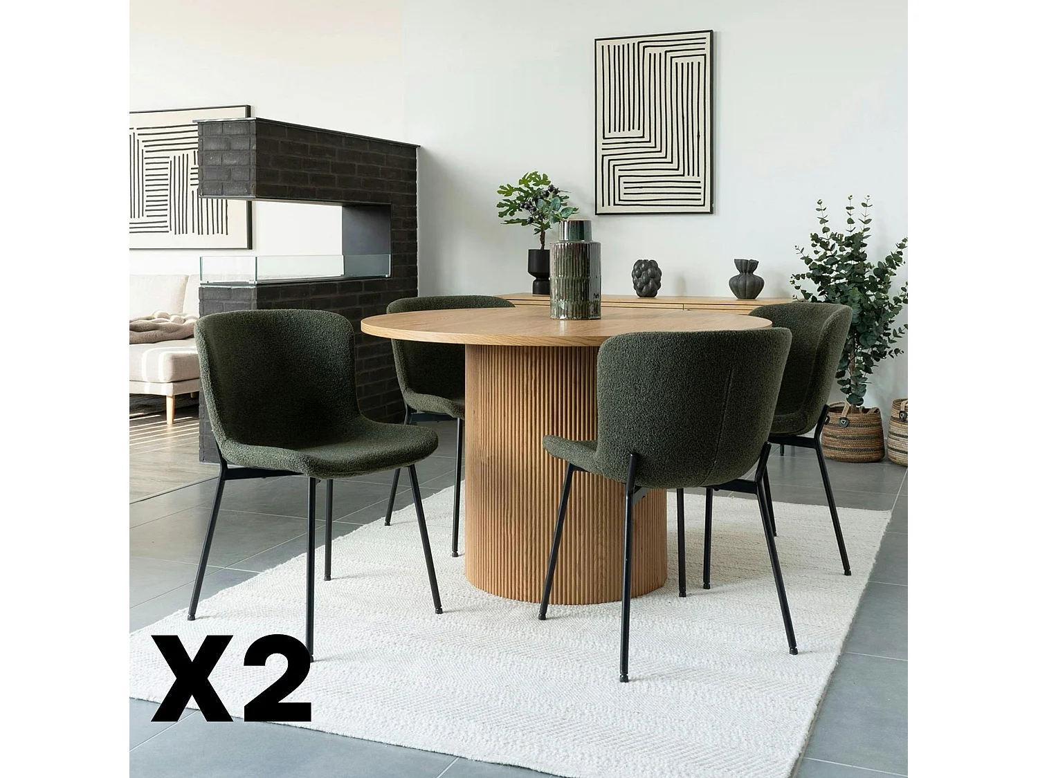Chaise bouclette verte pieds noirs montants (lot de 2) SAVONE