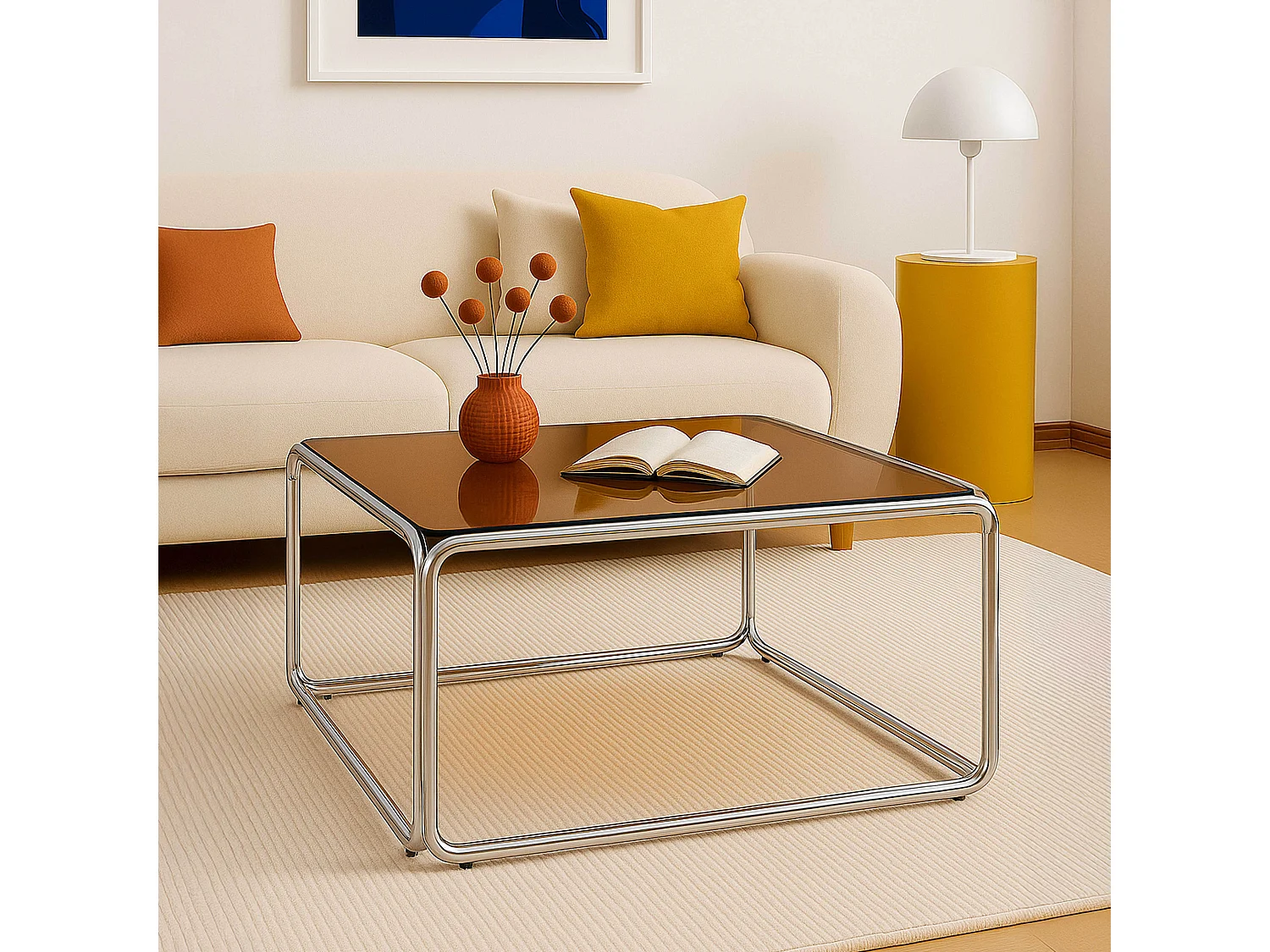 Table basse carrée L90 cm en métal et en verre marron