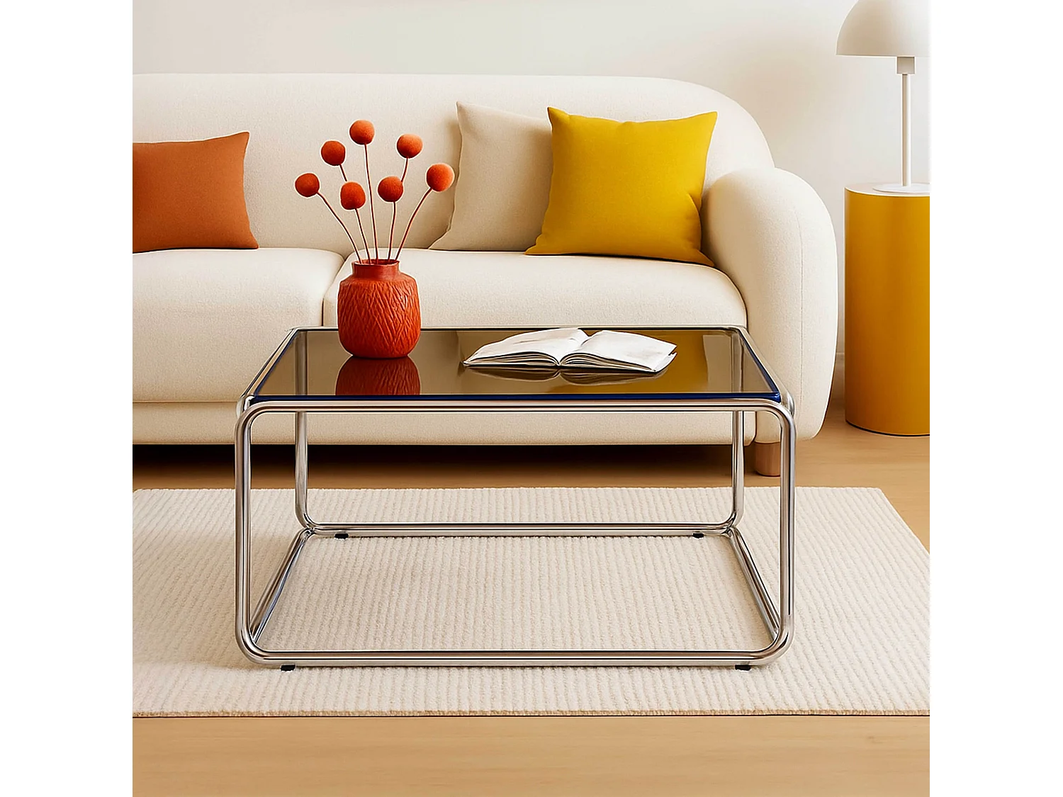 Table basse carrée L90 cm en métal et en verre marron