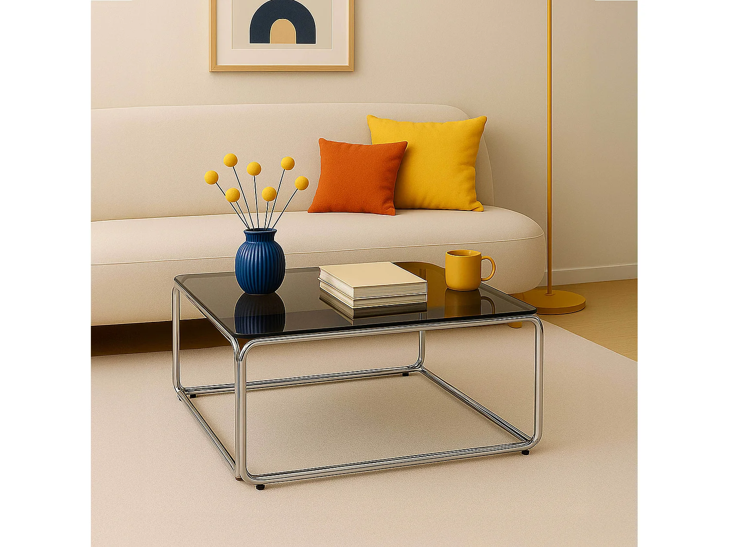 Vierkante salontafel L90 cm in metaal en zwart glas