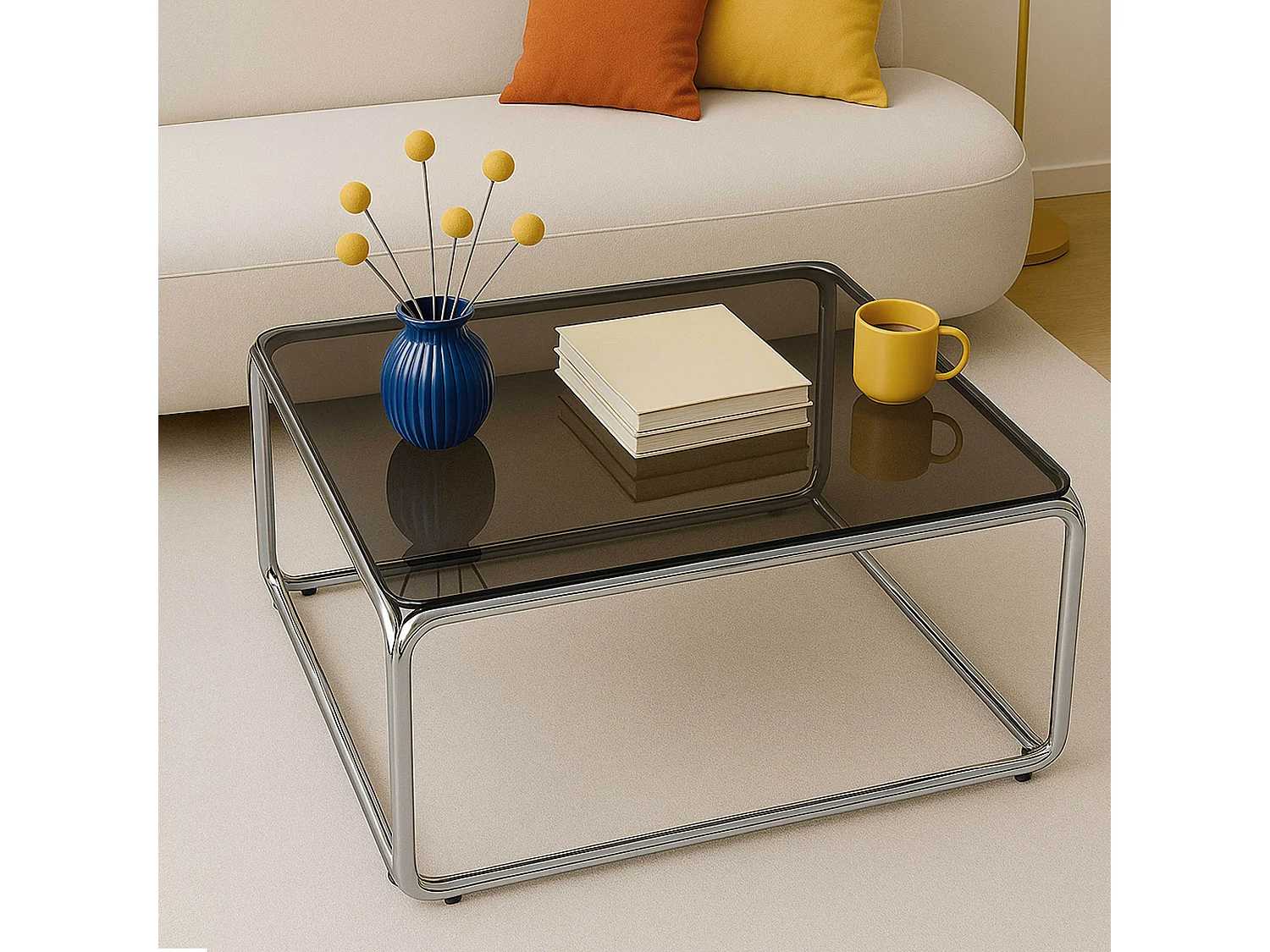 Vierkante salontafel L90 cm in metaal en zwart glas