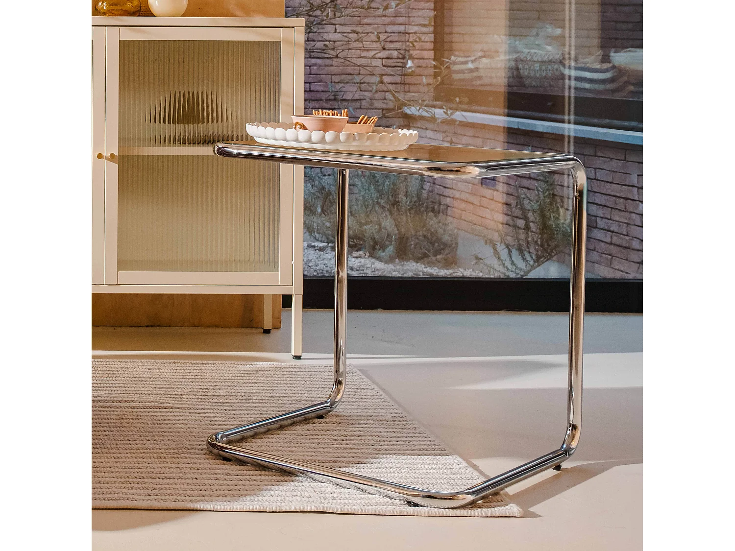 Table basse carrée L50 cm en métal et en verre marron