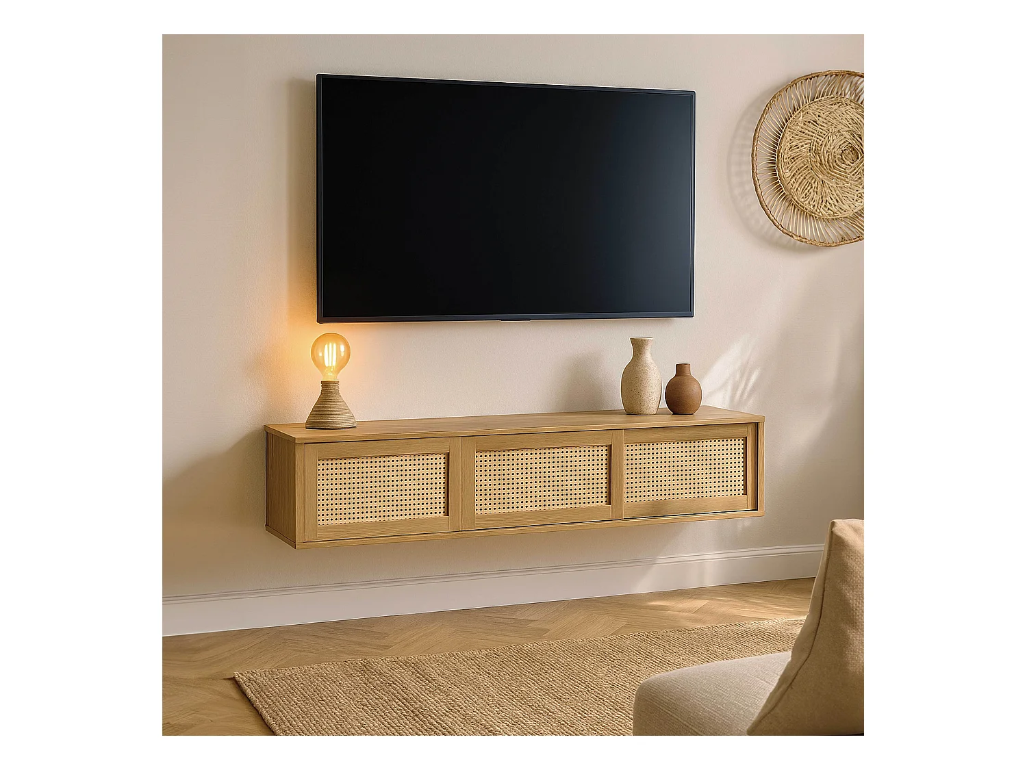 Meuble TV suspendu 160 cm bohème bois clair