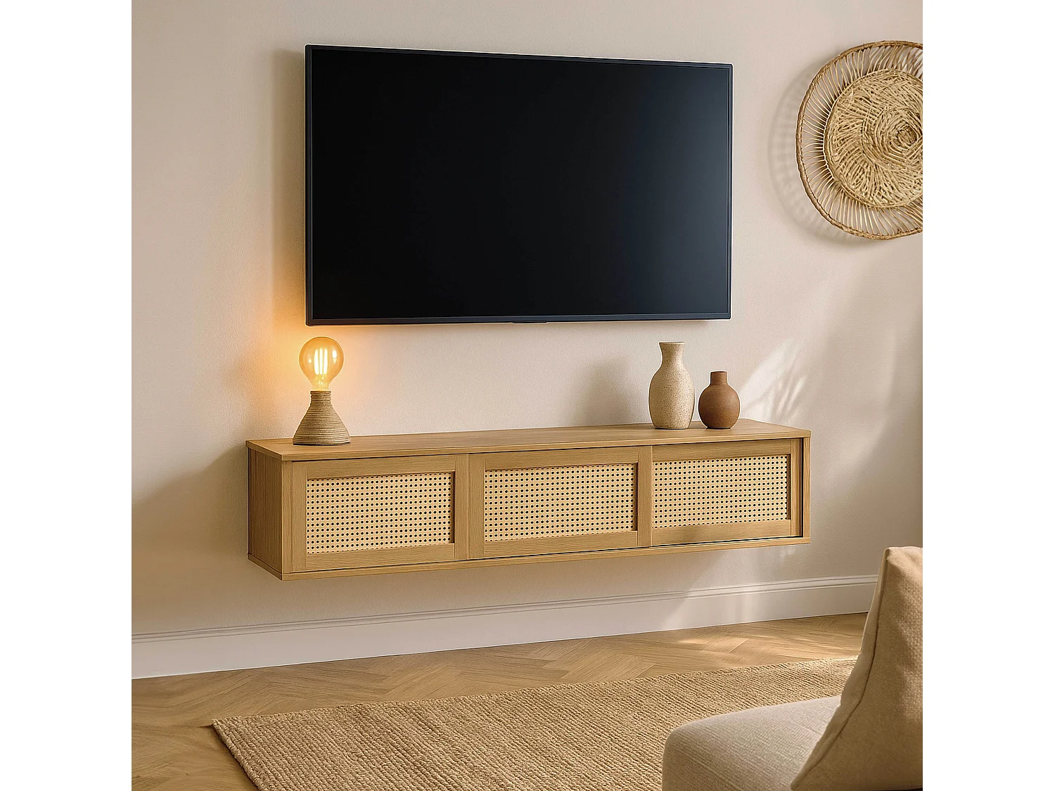 Meuble TV suspendu 160 cm bohème bois clair