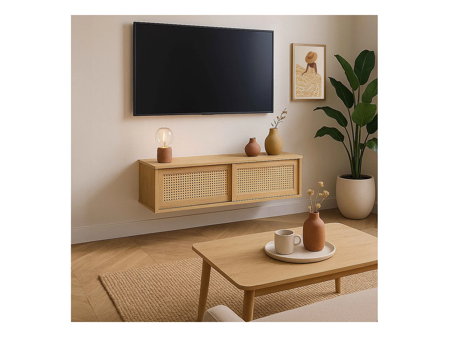 Meuble TV suspendu 108 cm bohème bois clair