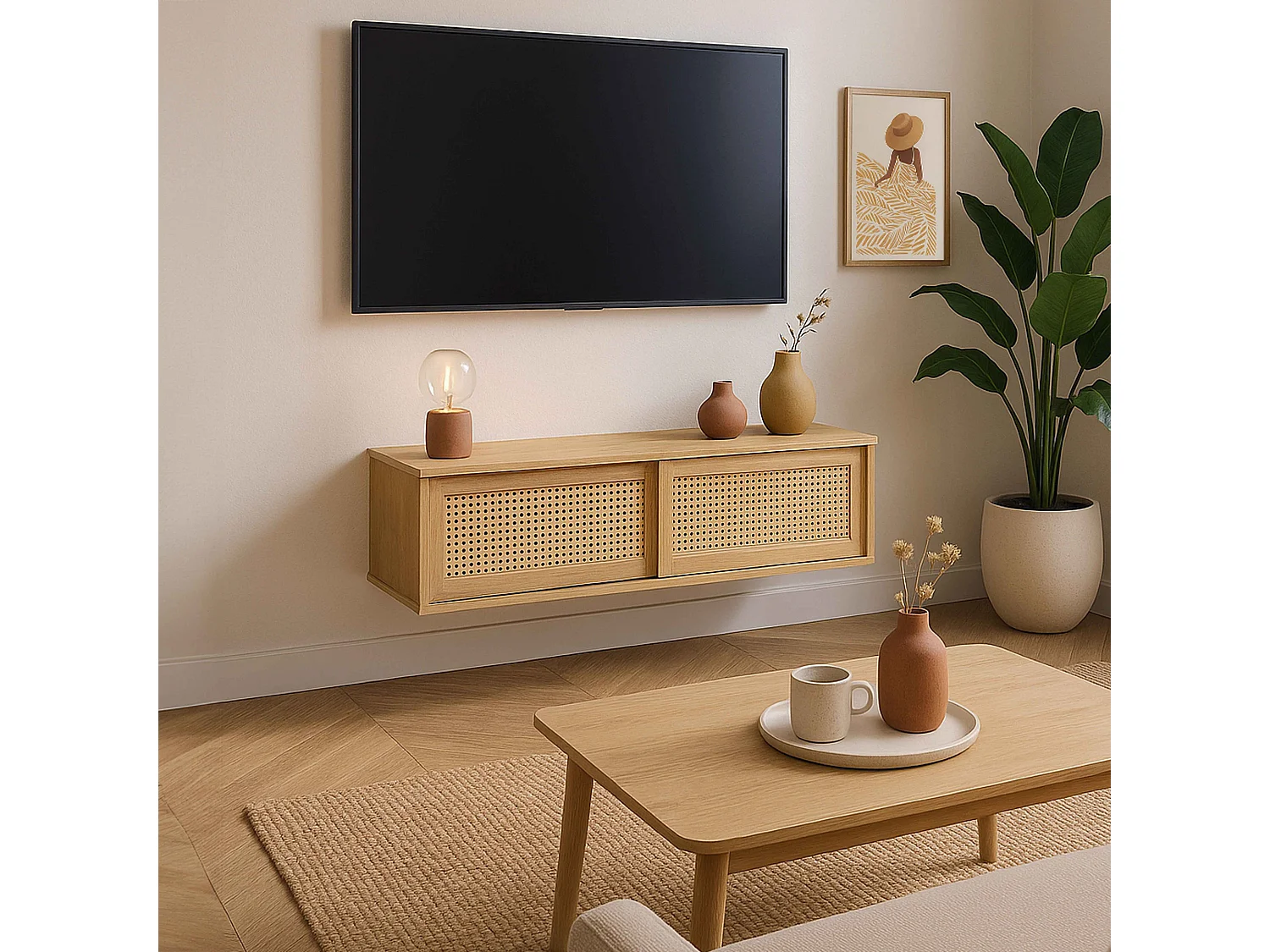 Meuble TV suspendu 108 cm bohème bois clair