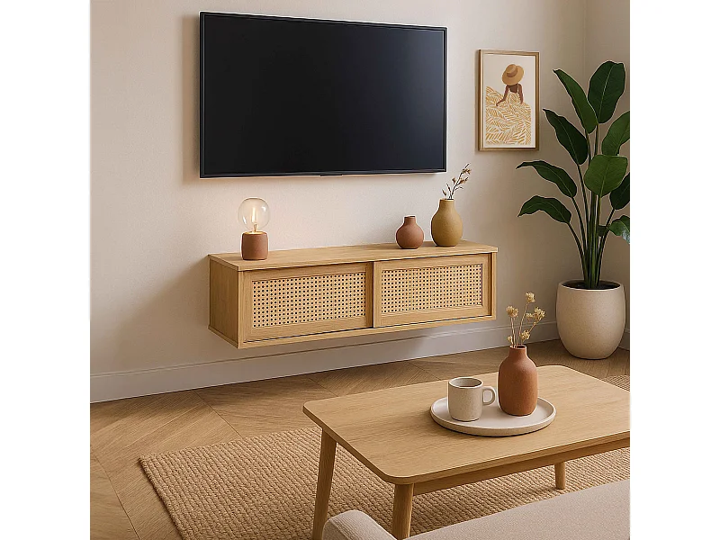 Meuble TV suspendu 108 cm bohème bois clair