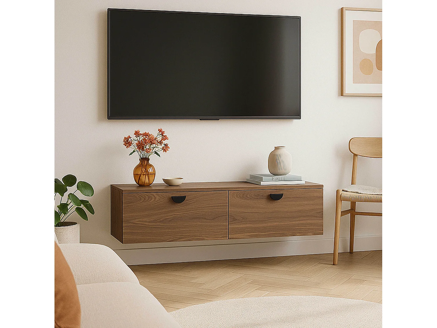 Meuble TV suspendu 120 cm industriel bois foncé